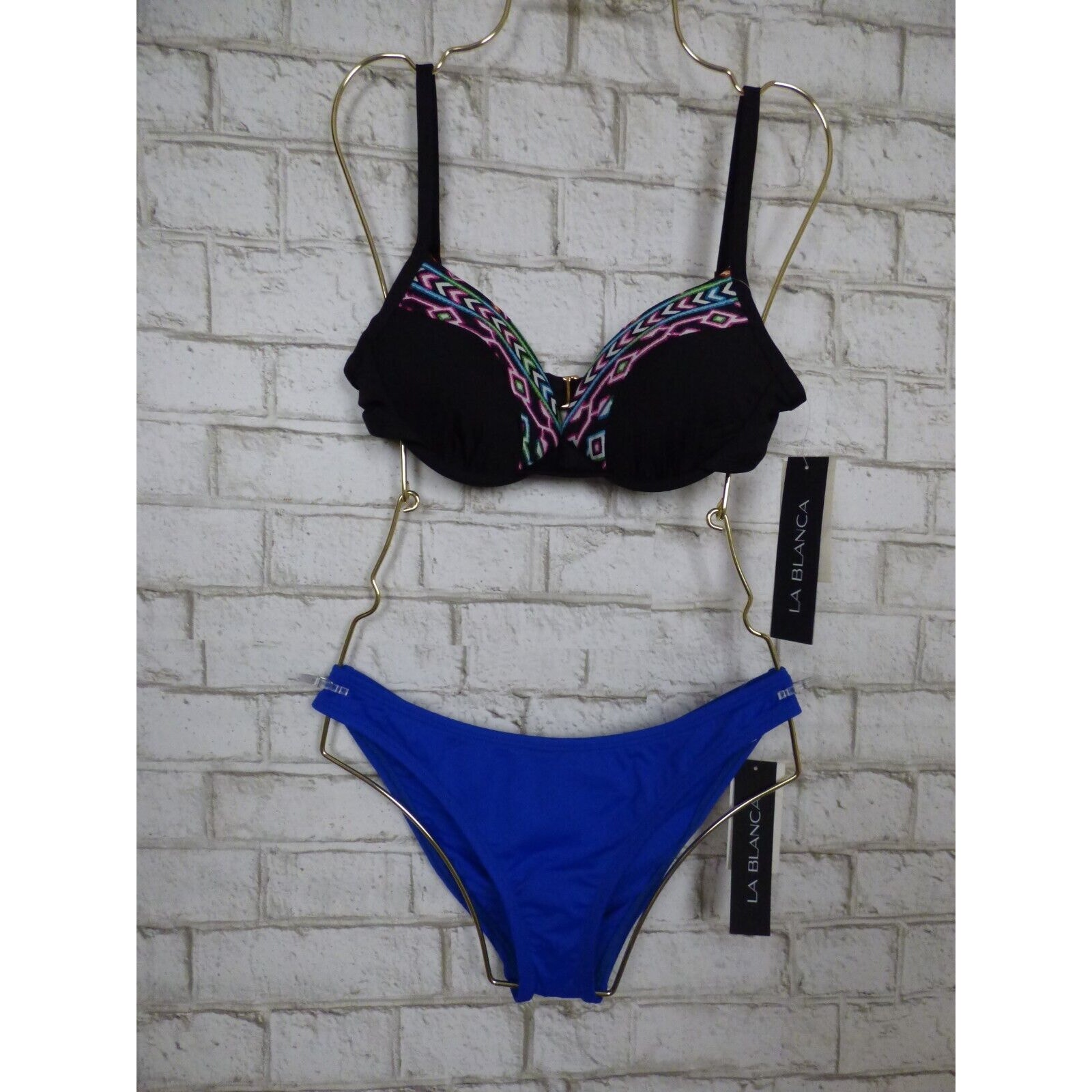 $112 La Blanca Black Aztec Print Bikini Top 4 Sapphire Blue Bottom 6 New